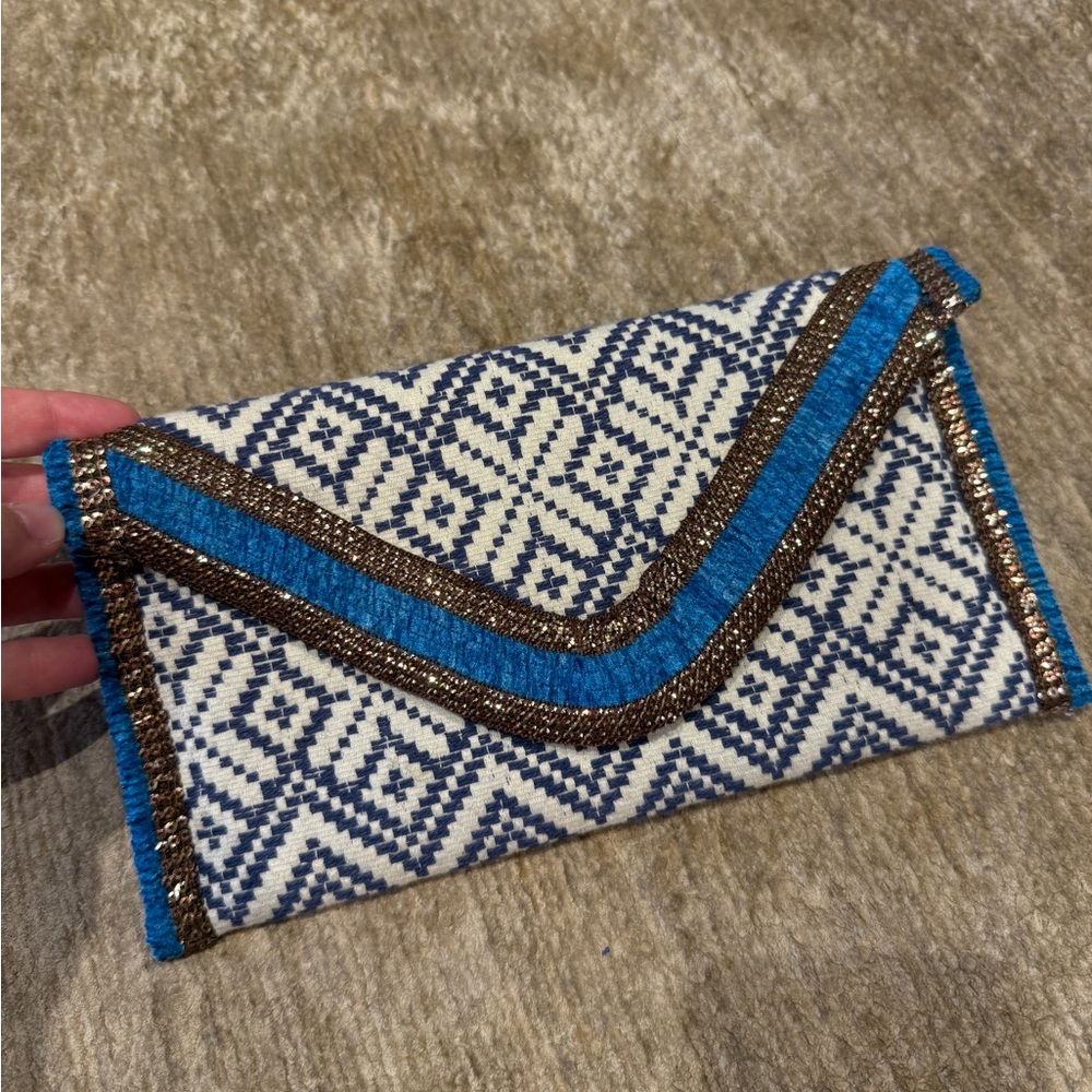 Roberta Roller Rabbit Blue White Geometric Beaded Clutch
